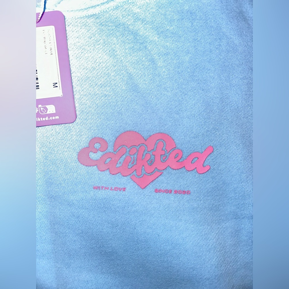 Edikted Light Blue Hoodie with Pink Heart Script Front Back - NWT Medium - Picture 3 of 5